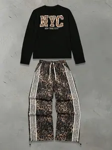 Unisex Leopard Print Street Style Round Neck Long Sleeve Sweatshirt & Pants Set, Comfortable Spring & Fall, Easy to Match