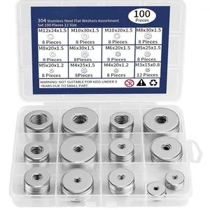 18-8(304) Stainless Steel Metal Flat Washers for Screws and , 100 count Assorted Washers Kit (12 Sizes M3-M12), Large and Small Hardware