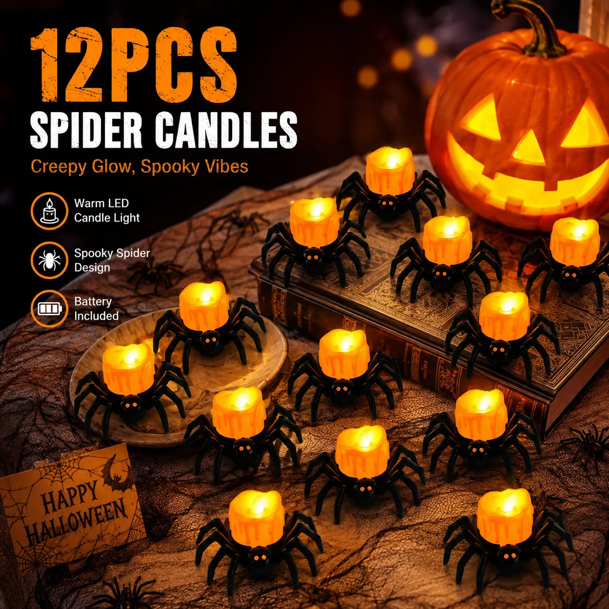 12-Pack Halloween Battery-Operated Flameless LED Spider Tea Light Candles with Flickering Light, Spooky Vibes Decor for Halloween Party, Home Haunted House