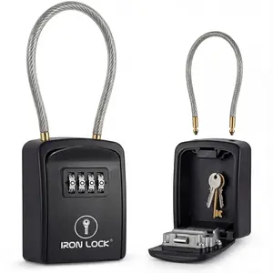 Iron Lock Portable Key Lock Box Small, Cable Shackle, Combination (Black)