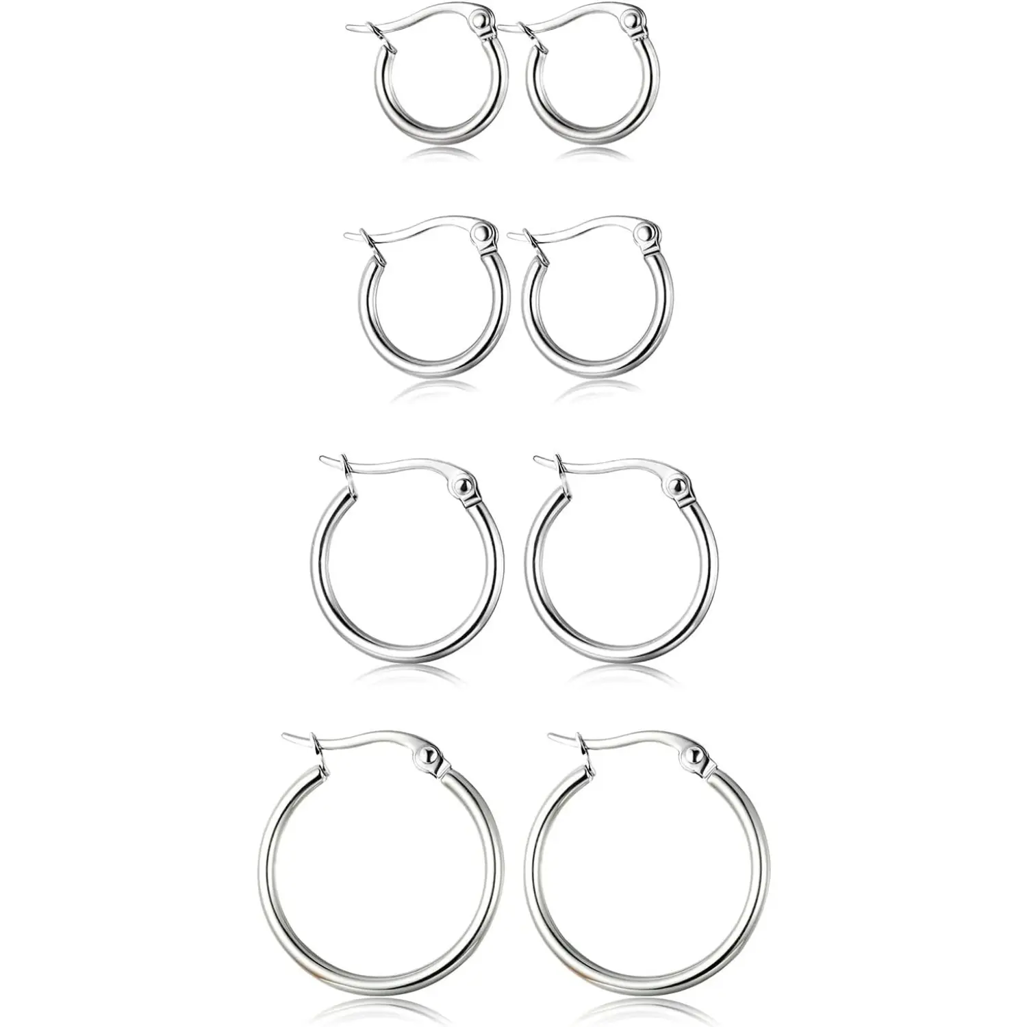 4-Pair Stainless Steel Hoop Earring Set, Unisex Lightweight Huggies for Sensitive Ears, Tarnish Free Everyday Jewelry Stack, 10-20mm, Earring Stack, Tarnish Free Earrings, Hypoallergenic Wear, Geometric, Ear Accessories, Lightweight Earrings