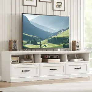 White TV Stand for 75 Inch TV Mid-Century Modern Entertainment Center with Storage Drawer 70inch TV Console with Open Shelves Wood Media Console TV Cabinet for Living Room (White)