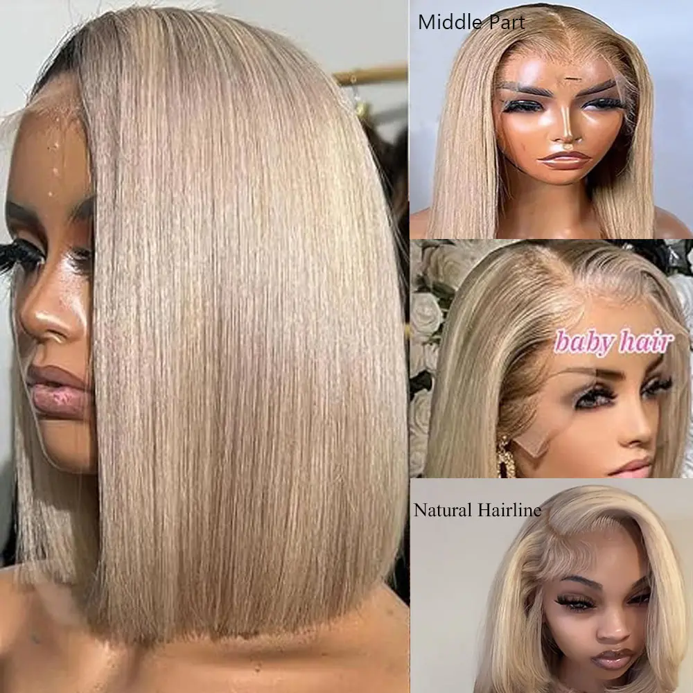 180% Density Gray Ash Blonde Straight Bob Wig Human Hair 13x4 Hd Transparent Lace Front Short Bob Wigs for Girls Pre Plucked with Baby Hair