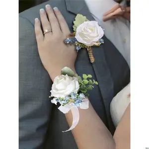 Valentines Prom Wedding For Corsage Bride Boutonniere Rose White 2PCS Blue And Wrist Set Party Homecoming