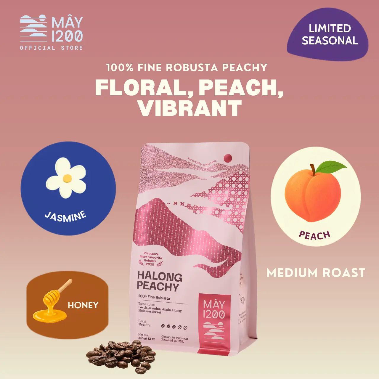 Halong Peachy | Froral, Peach, Vibrant | Vietnamese Coffee | 100% Fine Robusta Peachy | Medium Roast