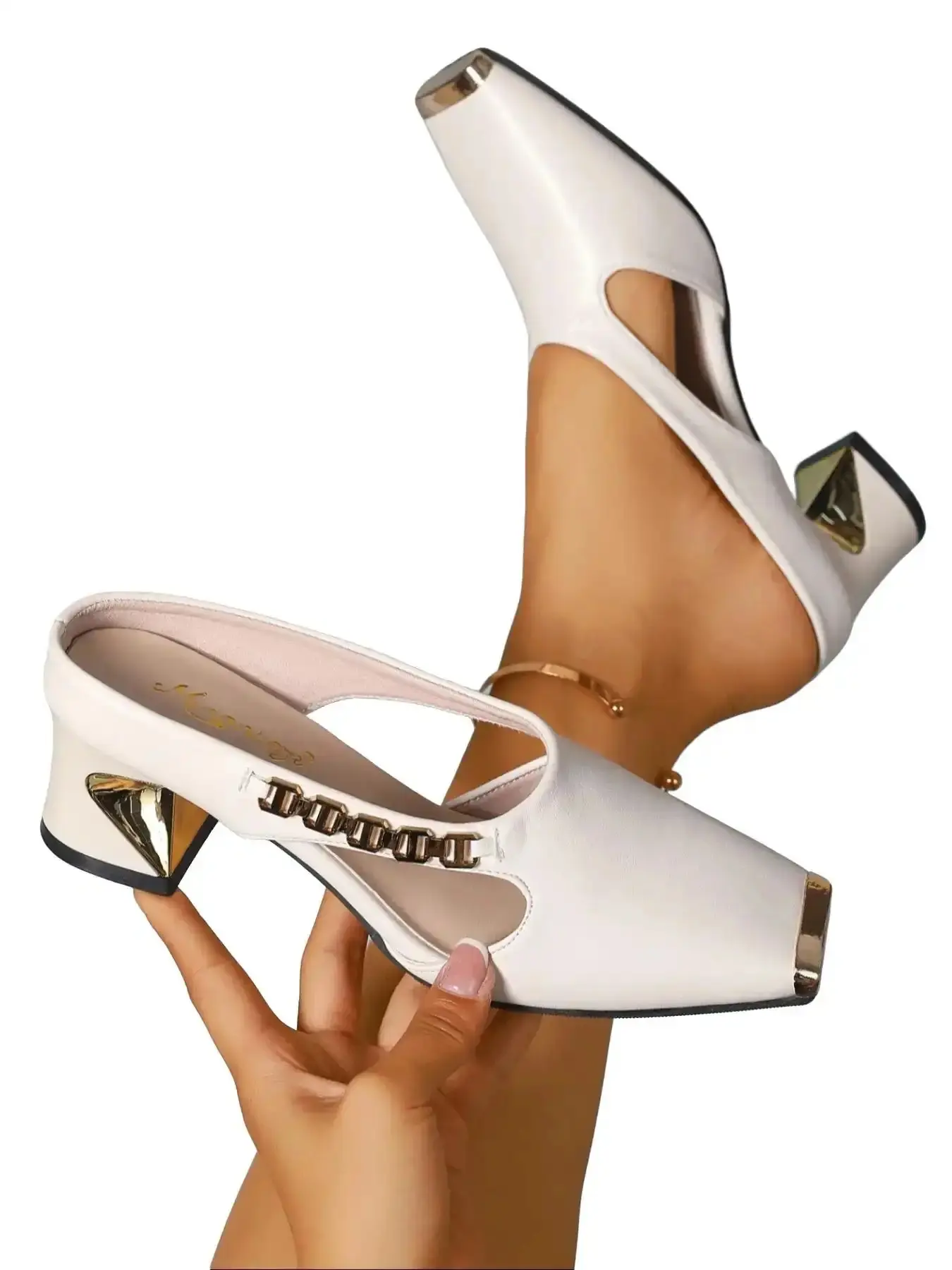 Women's High Heel Sandals, Stylish Elegant Hollow Out Design, Gold Chain Decorative Square Toe, Comfortable Casual Shoes for Summer Parties, essential versatile polished modern musthave timeless