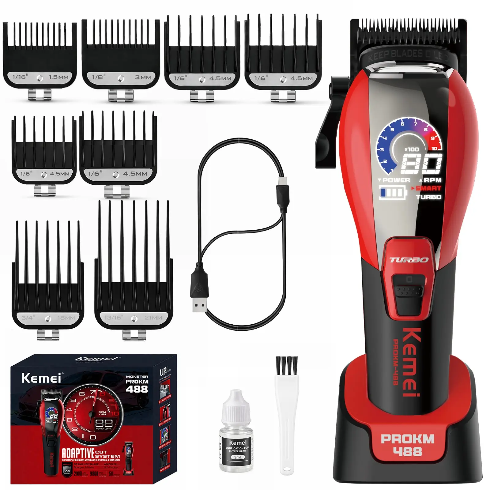 Kemei Prokm-488 High-Speed Brushless Electric Hair Trimmer, Smart Speed Control, Charging Base Included, Racing Design, Cordless Barber Trimmer