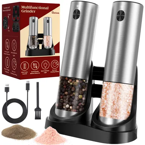 【New】95ml Stainless Steel Refillable Rechargeable Electric Salt and Pepper Grinder Set (2-Piece) - 1-Hand Operation, Adjustable Coarseness, LED Light, Durable, Dishwasher-Safe, Modern Kitchen Utensil, BBQ Essential Seasoning Tool with Funnel & Brush