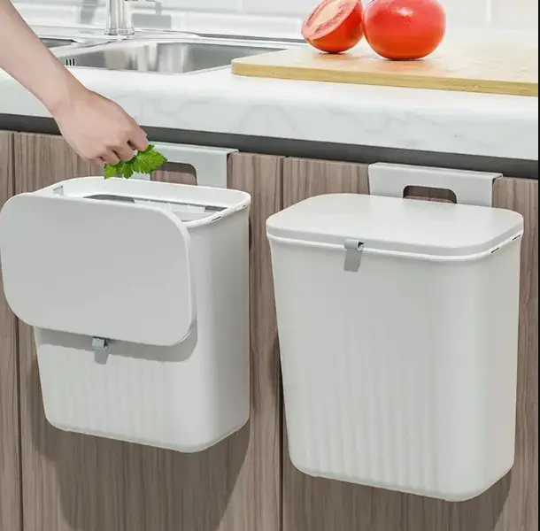 2.4 Gallon Kitchen Compost Bin for Counter Top Under Sink, Hanging Small Waste Basket Trash Can with Lid Wall Mounted Indoor Garbage Bucket for Cabinet Cupboard Bedroom Bathroom Office Camping