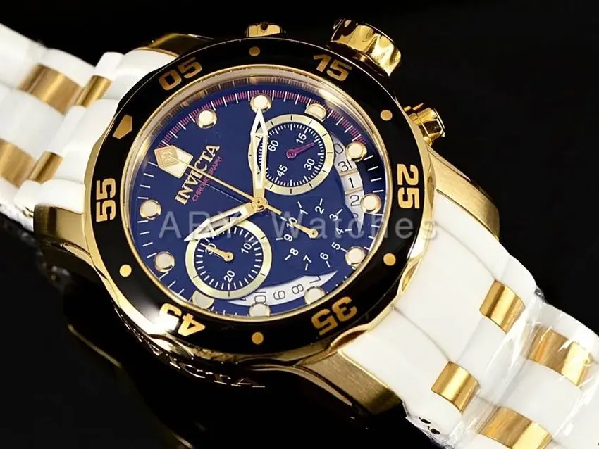 Invicta Men's Pro Diver Scuba Chronograph - 48mm Masculine Round Multifunction Anti-Scratch Glow-in-the-Dark Quartz Watch, Black Dial, Gold Case, White Silicone Strap, Authentic New in Box, Anti-Scratch Quartz Watches, Glow-In-The-Dark Quartz Watches
