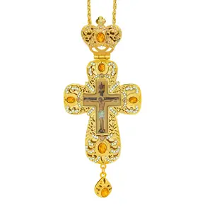 Orthodox Cross Pendant, Orthodox Crucifix Necklace, Eastern Orthodox Christian Jewelry, Zinc Alloy Gold Plated with Crystals, For Orthodox Priests, Bishops, Christian Clergy and Believer, Church Ceremonies, Liturgical Services, Daily Wear, Easter