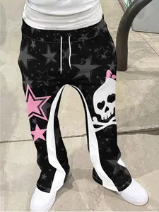 Vintage Men's Star Skull Print Pants, Loose Bell Bottoms, Drawstring Sportswear, 3D Soft Breathable Fabric, Casual Daily Wear, Bell Bottoms Trousers