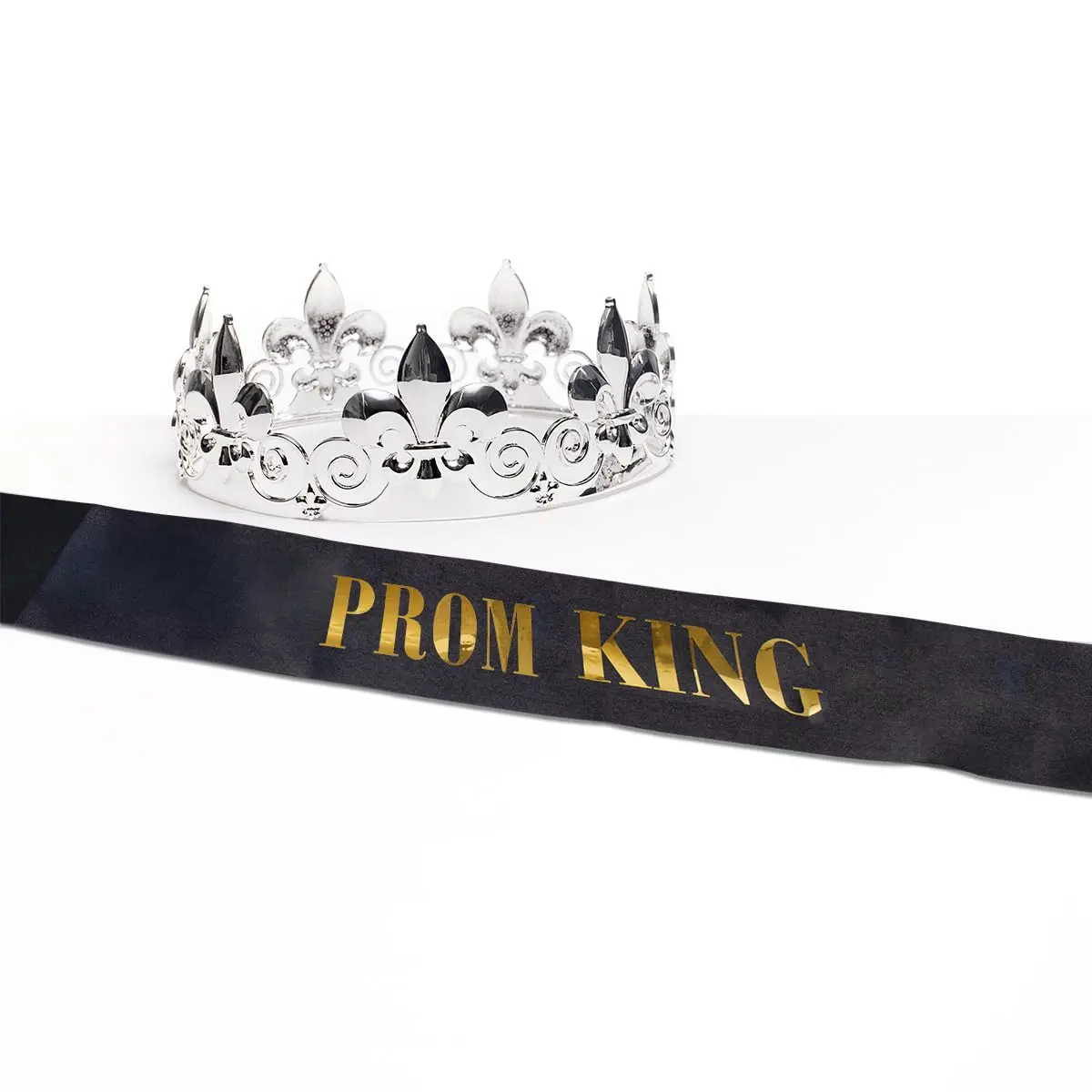 Anderson's Prom King Silver Crown & Black Satin Sash Set, Gold Foil Lettering, 2.25" Fleur‑de‑Lis Rhinestone Crown and 3.75" x 62" Royalty Sash for High School Coronation & Formal Events, 2 Piece Set