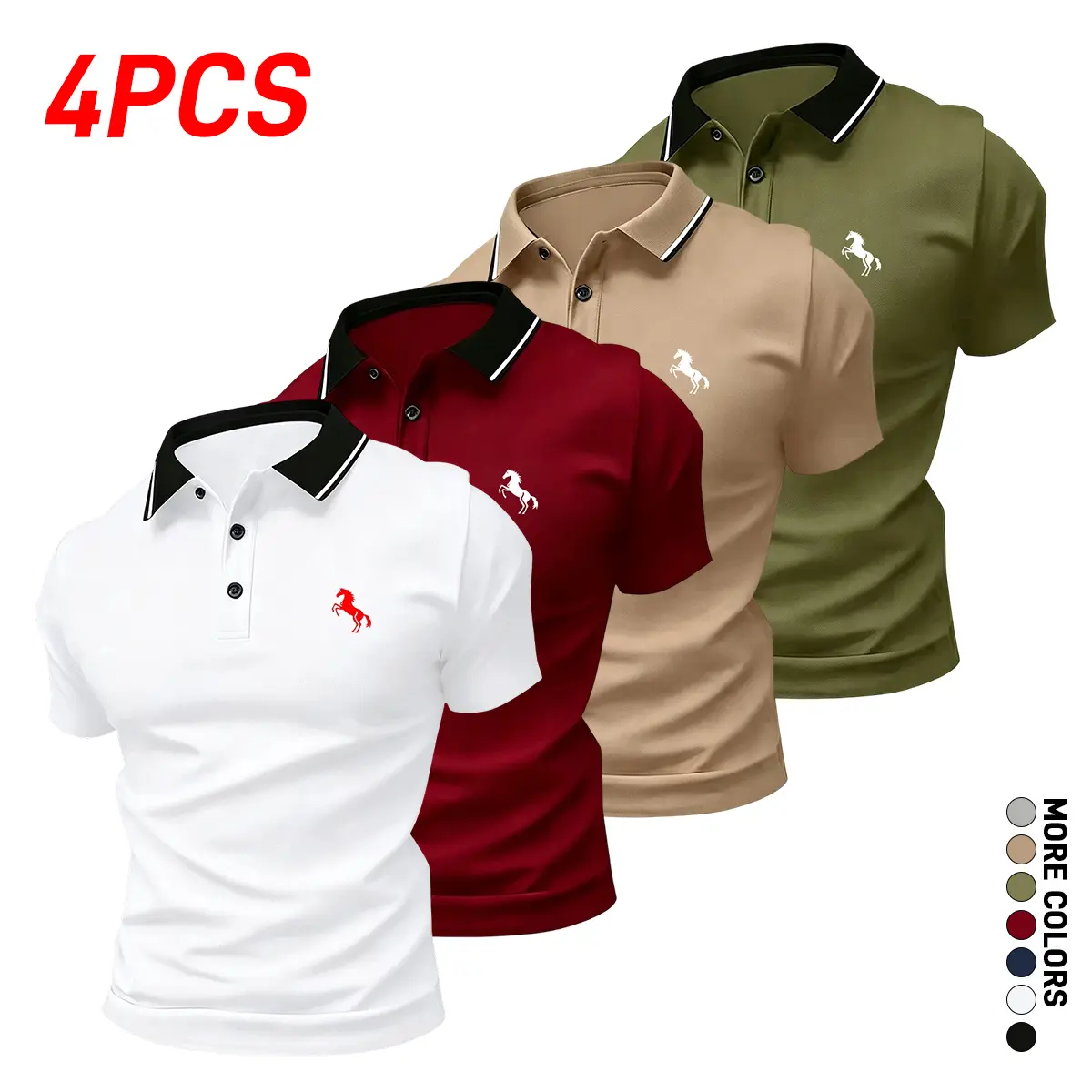 4-pack men’s polo shirts with a noble steed print; outdoor golf and equestrian casual short-sleeve polo shirts with a polo collar; mature men’s business-casual polos; breathable and comfortable, suitable for spring and summer; can be worn under other laye