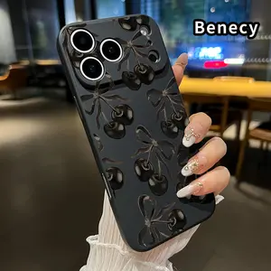 Straight Edge Phone Case for iPhone 17 16 Pro Max 15 Plus 14 13 12 11 Air XS XR E Black Cherry  Pattern Drop Protection Shockproof Soft Silicone smartphone Cover