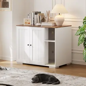 Dog-Proof Modern Cat Automatic Cat Litter Box Enclosure Cabinet – Hidden Cat Litter Box Furniture with Power Outlet, Scratcher Pad & Shelf, Fits Automatic Cat Litter Box 3/4/5 and Most Self-Cleaning Litter Boxes – Indoor Use