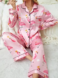 Women's Floral Print Satin Pyjama Two-piece Set, Casual Comfy Long Sleeve Lapel Top & Pants Set for Women, Women's Sleepwear for All Seasons