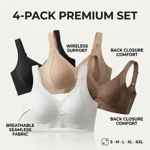4pcs Women'S Seamless Bra Elegant Solid Color, Wide StrapsAnd Built-In Bra, Comfortable And Breathable WirelessSupport, Non-Padded Ribbed Texture - Available in MediumSupport Bra|Seamless Underwear(Stretchy Nylon B AdjustableFour-Breasted