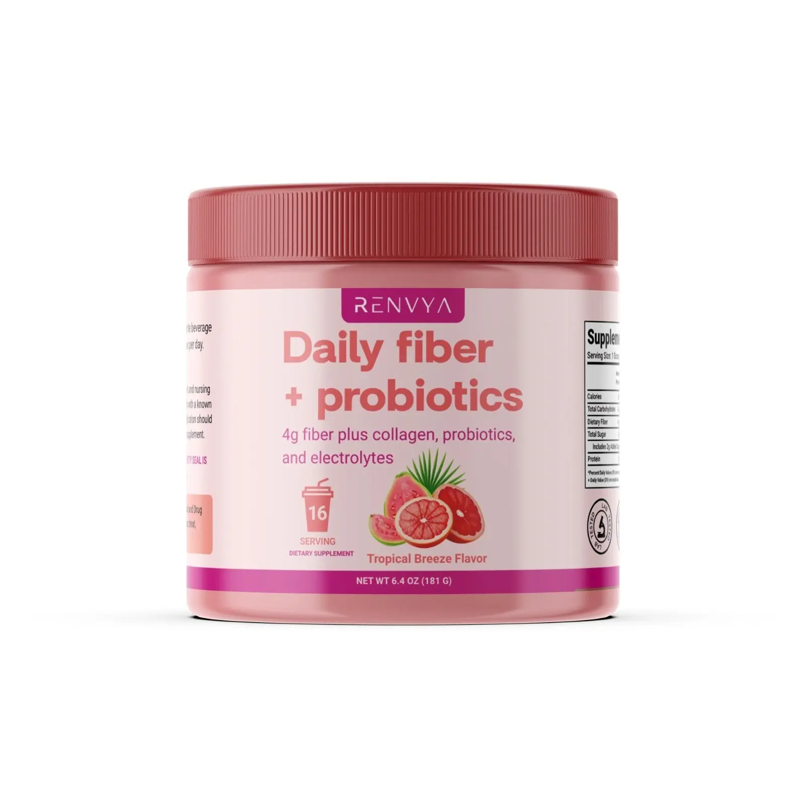 Renvya Daily Fiber + Probiotics Powder - 4g Fiber per Serving for Digestive Support & Gut Health - Tropical Breeze Flavor - Collagen & Electrolytes Blend - Easy Daily Routine - Healthcare, Dietary