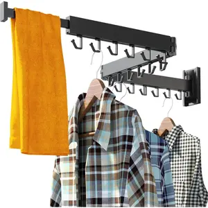 HEILAIYI Clothes Drying Rack for Laundry,Wall Mounted Clothes Hanger Rack,Folding,Retractable,Collapsible(J Shape Hooks)