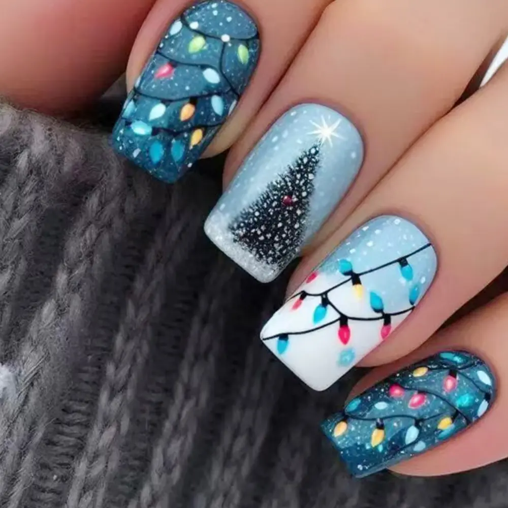 Christmas 24pcs Medium Square Matte Press-On Nails, Nail Art Design, Tree and Light Design, Acrylic False Nails, Includes Jelly Glue and Nail File, Nail Art Products