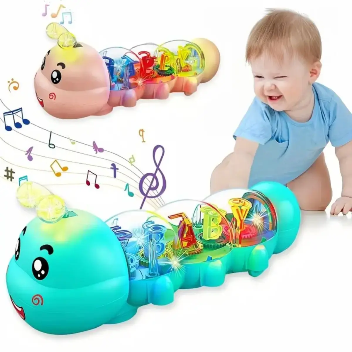 Cute Worm-Style Sensory Baby Crawling Sound Toy - Musical Light-Up, Automotive Steering, Transparent Shell, Internal Alphanumeric Display, Learning Through Play, Baby Toddler Gifts