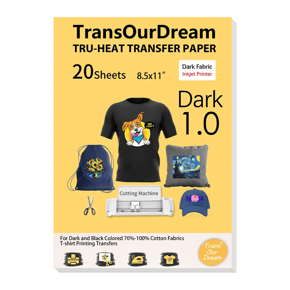 TransOurDream Dark T-Shirt Heat Transfer Paper (20 Sheets, 8.5x11 in) - Inkjet Printer Printable HTV, Cut-Friendly Customized Craft Material for Family DIY Projects