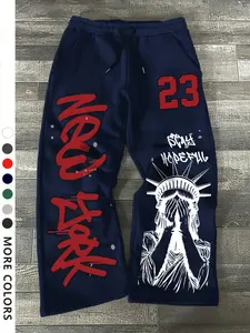 Men's Casual Loose-Fit Jogger Pants, New York Statue Print Drawstring Waistband, All-Season Comfortable Men's Clothing