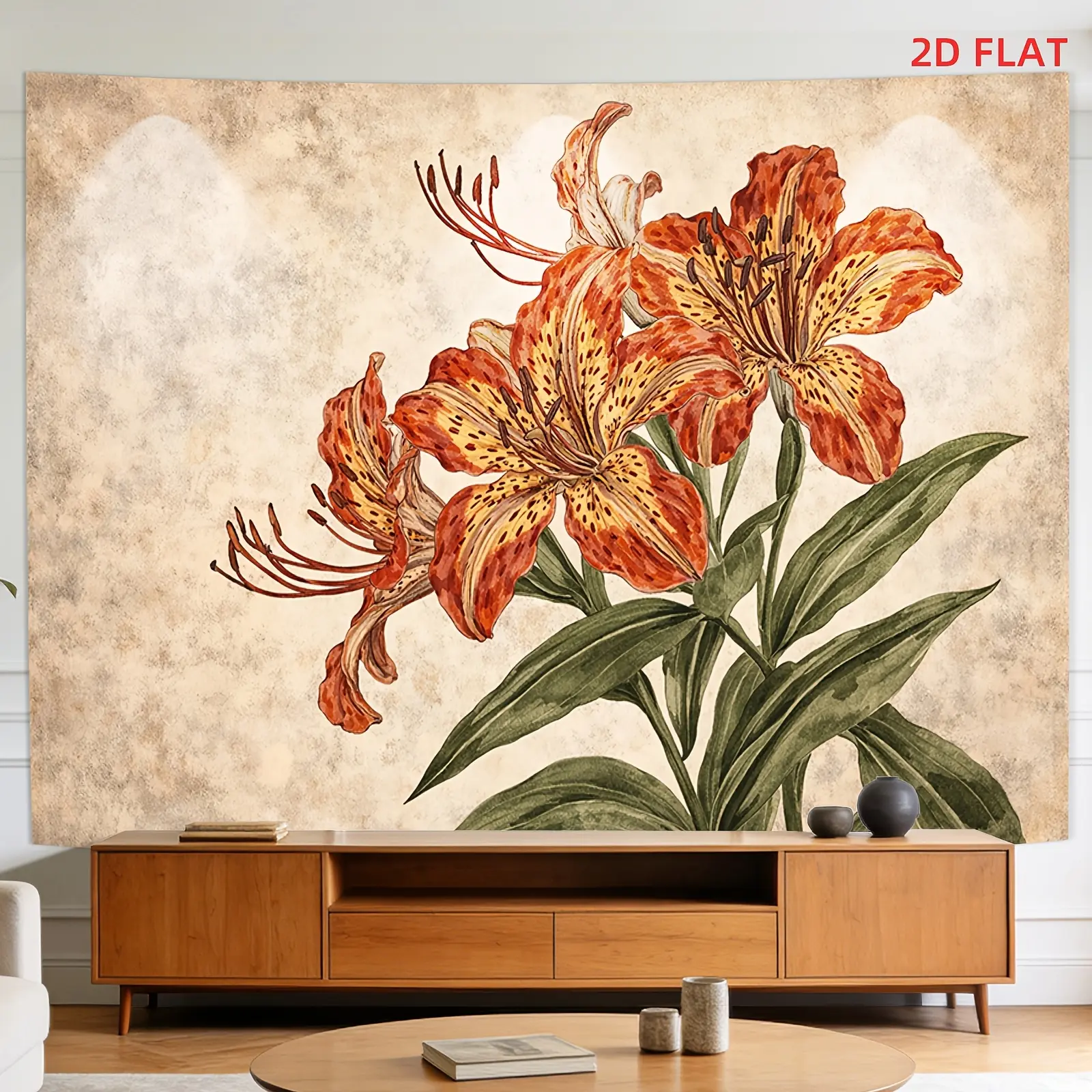 2D Flat Print Rectangular Floral Fabric Tapestry - Vintage Tiger Lily Botanical Illustration, Orange Flowers Room Art, Non-Illuminated Indoor/Outdoor Wall Decor for Living Room, Decor Inspo Home Supply
