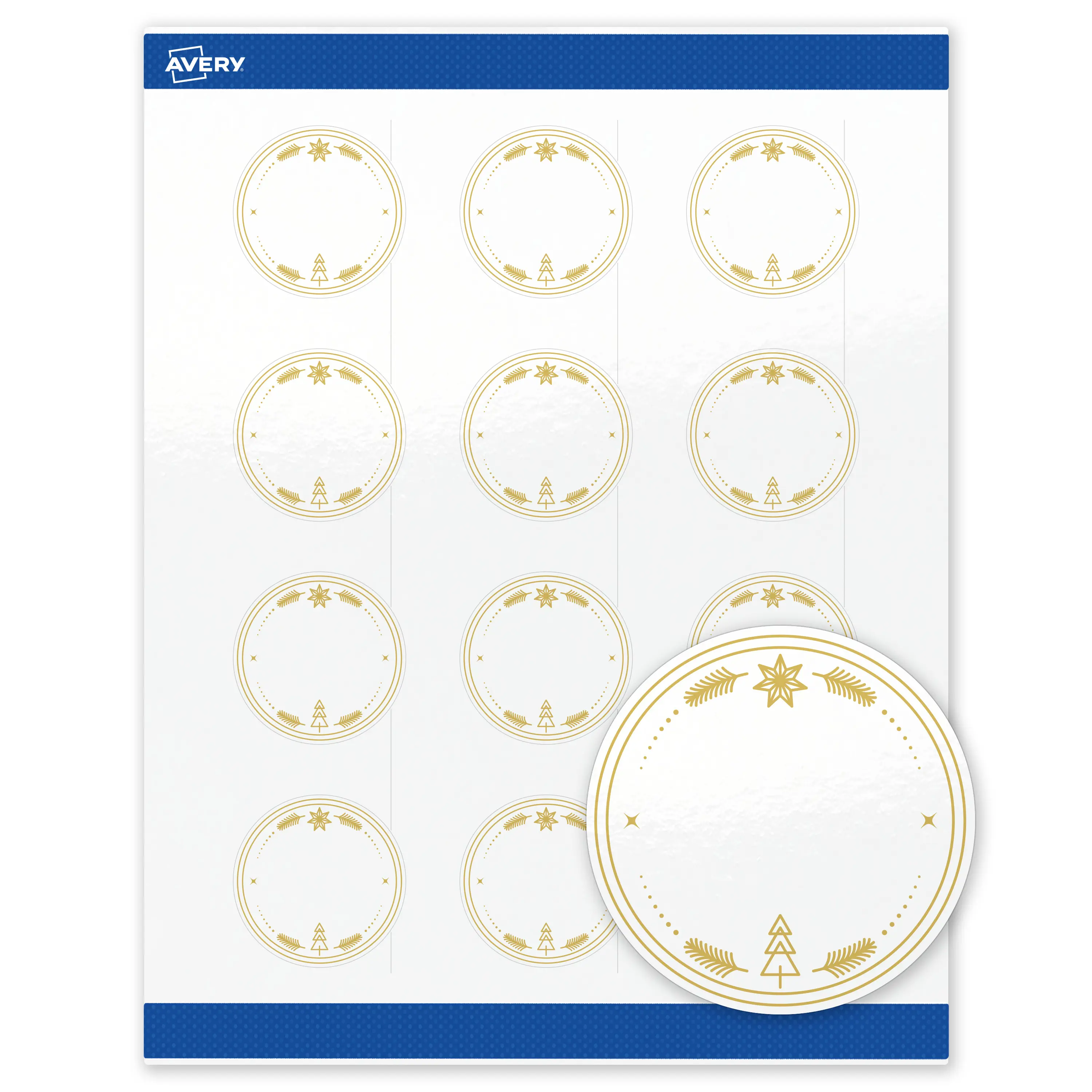 Avery® Printable Christmas Labels with Sure Feed® Technology, Round, 2" Diameter, Pre-Printed Metallic Gold Christmas Trees Design, Glossy White, Laser & Inkjet Compatible, 120 Total