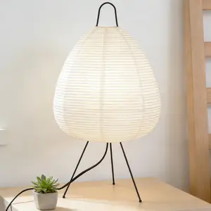 9.5 Inch Wabi-Sabi White Rice Paper Table Lamp, 3 Color Temperature Changing, Black Tripod Stand, E26 Base with Bulb Included, In-Line Switch for Bedroom Living Room Home Office