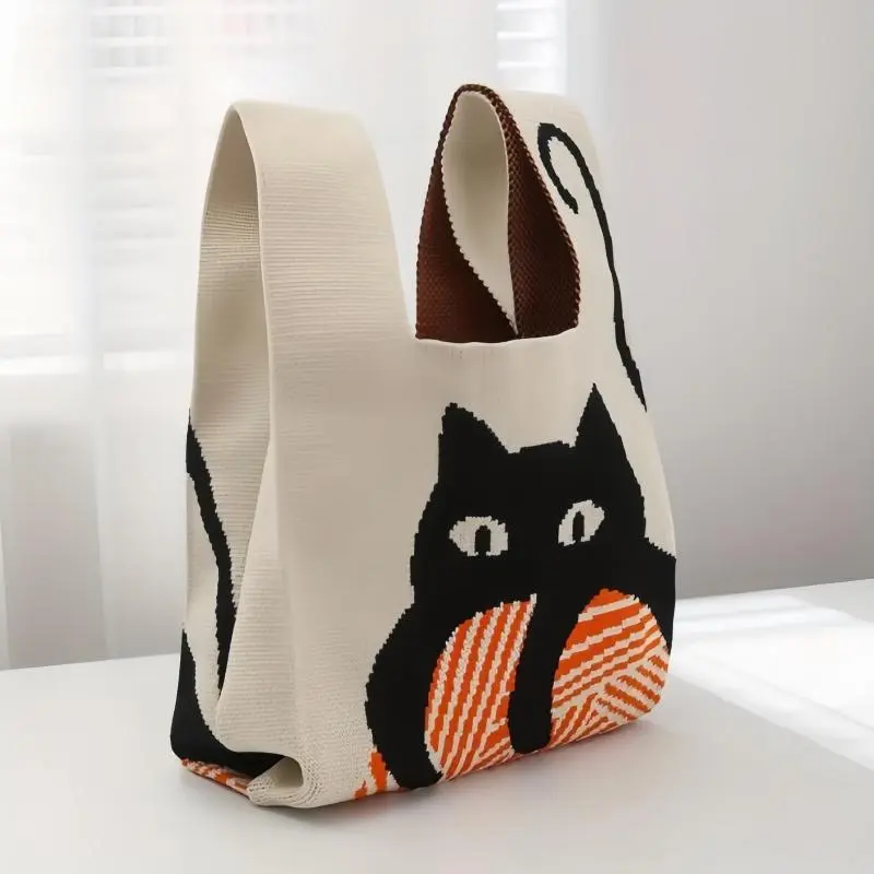 Cat Pattern Tote Bag with Handle, 1 Count Casual Lightweight Artificial Fiber Shopping Handbag, Multi-functional Small Handbag for Women & Men, Unique Bags, Versatile Bag, Reusable Tote
