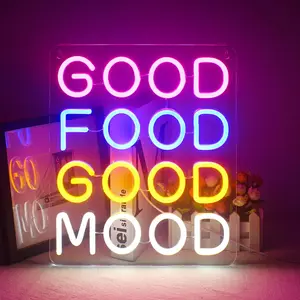 Good Food Good Mood Letter Design Neon Sign, USB Powered Creative LED Neon Light, Decorative Neon Sign For Snack Bar, Brunch Restaurant, Kitchen, Party, Store Decoration, Led Restaurant Lamp