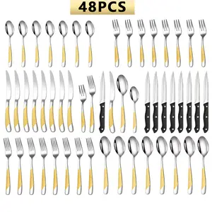 48-Piece Gold & Silver Stainless Steel Flatware Set (Service for 8) | Textured Diamond Grip Handle, Includes Steak Knives, Dishwasher Safe, Perfect for Spring Brunch & Summer BBQs