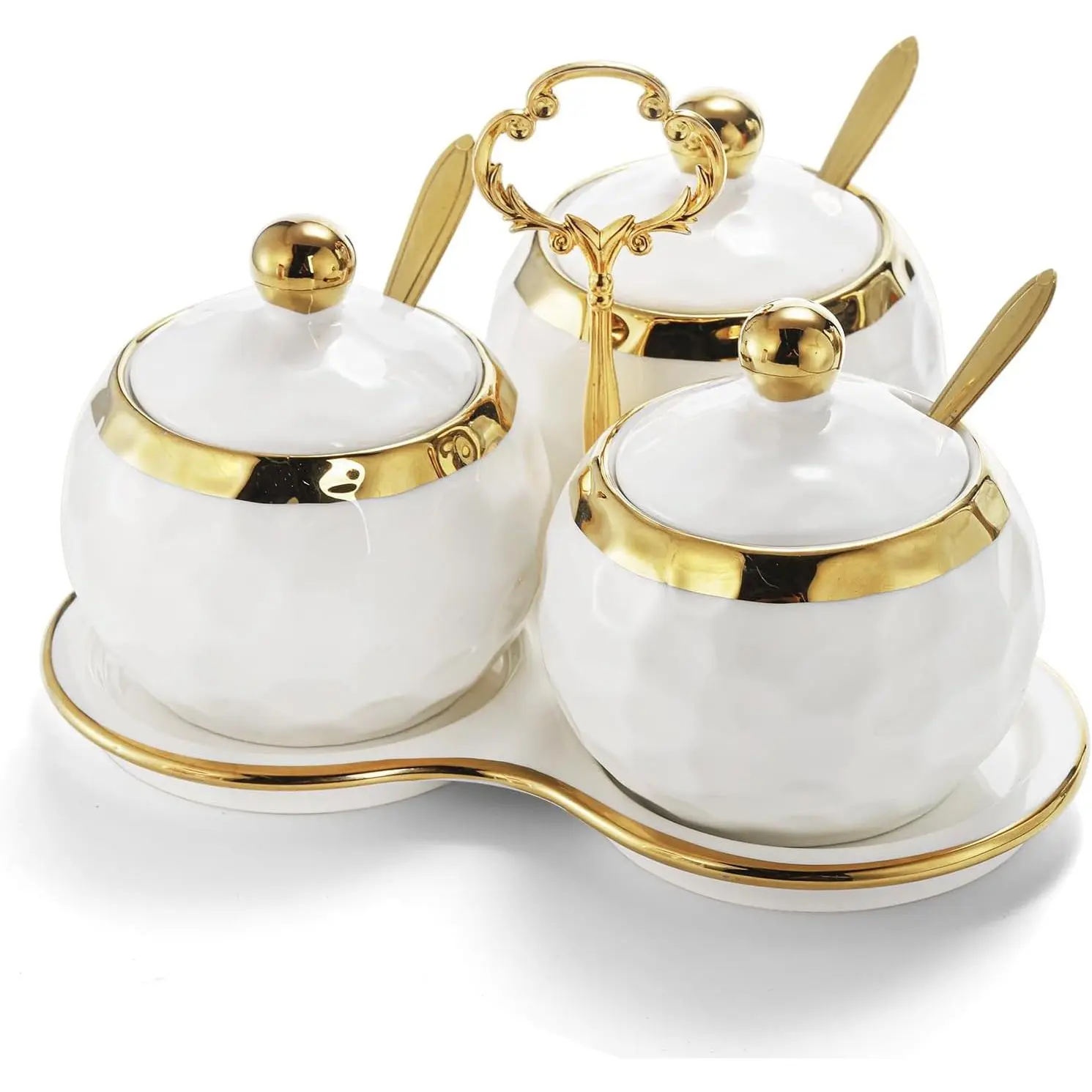 Porcelain Condiment Pot Sugar Bowl Spice Jars with Lid, Spoon and Tray, Salt Container Spice Box Seasoning Pots, White Sugar Salt Bowls Set for Kitchen, Restaurant, Coffee Bar, Set of 3