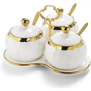 Porcelain Condiment Pot Sugar Bowl Spice Jars with Lid, Spoon and Tray, Salt Container Spice Box Seasoning Pots, White Sugar Salt Bowls Set for Kitchen, Restaurant, Coffee Bar, Set of 3