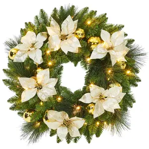 GAOMON 24" Pre-Lit Christmas Wreath with Frosted Red Berries & Pinecones - Battery Operated LED Lighted Wreath for, Indoor Outdoor Holiday Decorations