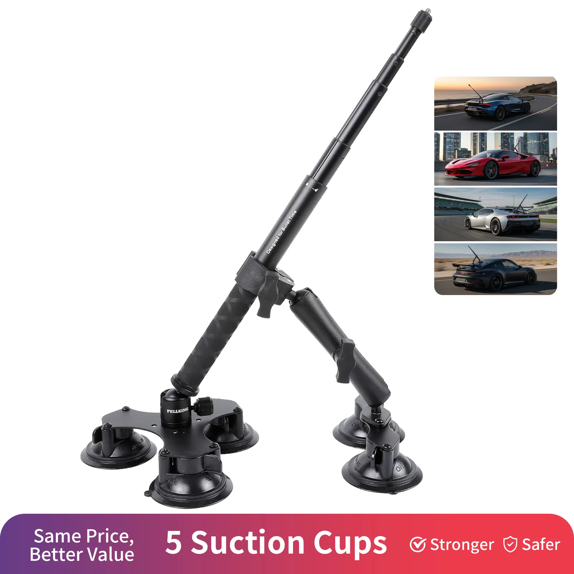 PellKing Car Mount Compatible with Insta360 X5 X4 X3 GoPro Max 2 DJI OSMO 360 Cameras, Quick Release Outside Windshield Magic Arm Mount Kit with Extension Pole/Selfie Stick 5 Suction Cup Holder for gap cam, Cars, Suction Cups, Shooting