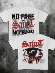 Men's Summer Casual Short Sleeve Loose T-Shirt, No Face No Pain & Saint Eyes Print, High Street Streetwear Hip Hop Fashion, Perfect Gift, Menswear