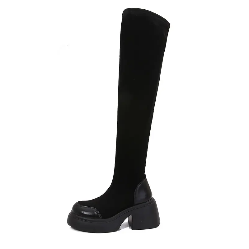 Large Tube Long Boots for Plus Size Women High Heel Thick Sole Stretch Over The Knee