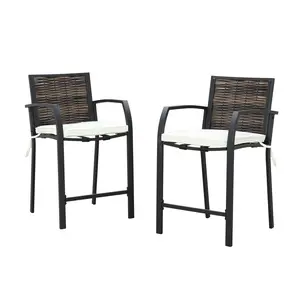 Top Space Counter Height Outdoor Bar Stools Set of 2 Cushioned Patio Stool Chairs with Wicker Back Metal Footrests All Weather Frame (Brown)