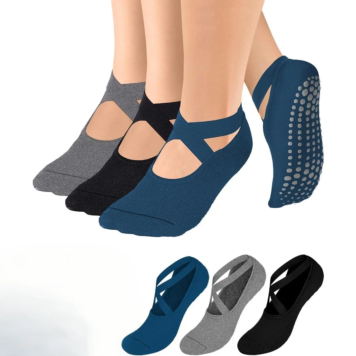 Women's Non-Slip Pilates Socks with Grips, Straps & Fabric for Ballet, Trampoline Workouts