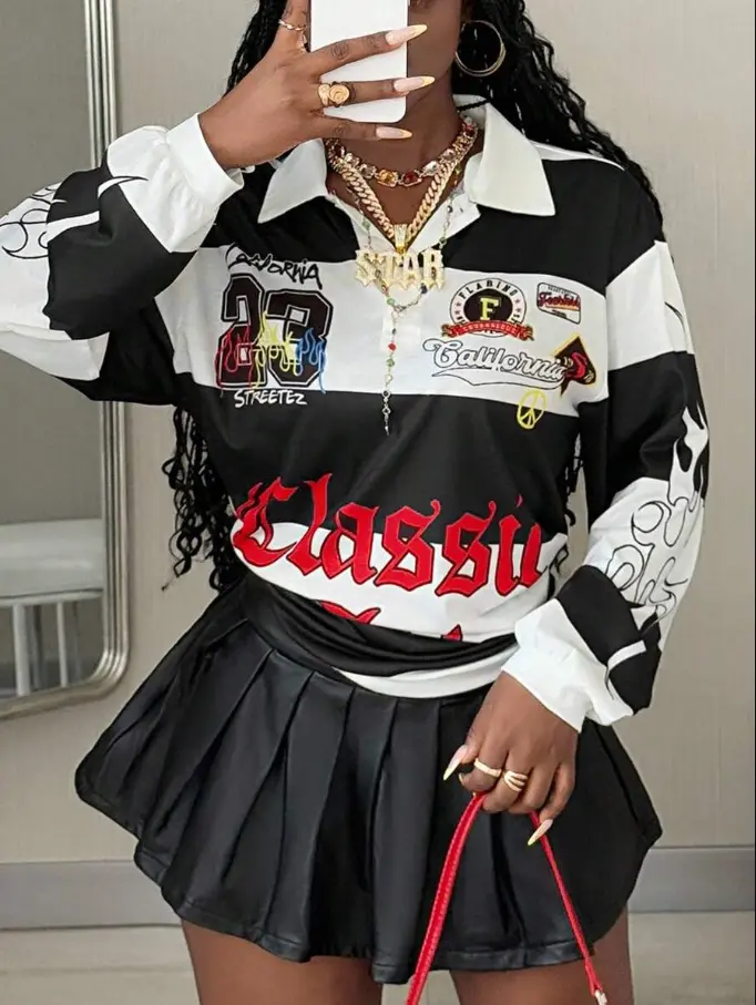 LUNA LAYER Womens Y2K Striped Graphics Loose Long Sleeve Polo T Shirt Drop Shoulder Streetwear
