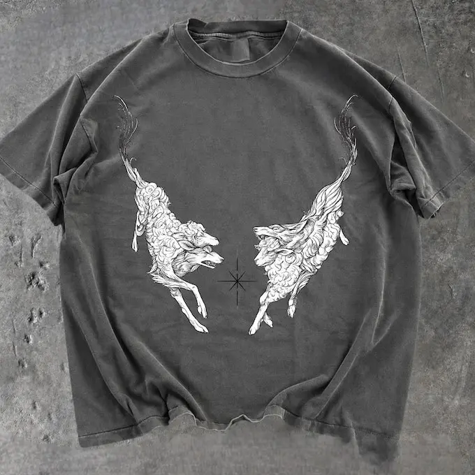 Women's Short-Sleeve Casual Round Neck Vintage Mythical Deer Graphic Top - Medieval Bestiary, Dark Academia Tattoo, Gothic Fantasy Renaissance Engraving Style Tee