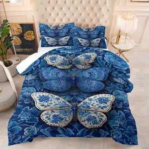 Blue and White Porcelain Butterfly Comforter Set,New Chinese Style Print,Including 1 Quilt and 1 or 2 Pillowcases without Pillows,Suitable as Gift for Boys and Girls,Soft and Warm Bedroom Bedding Set