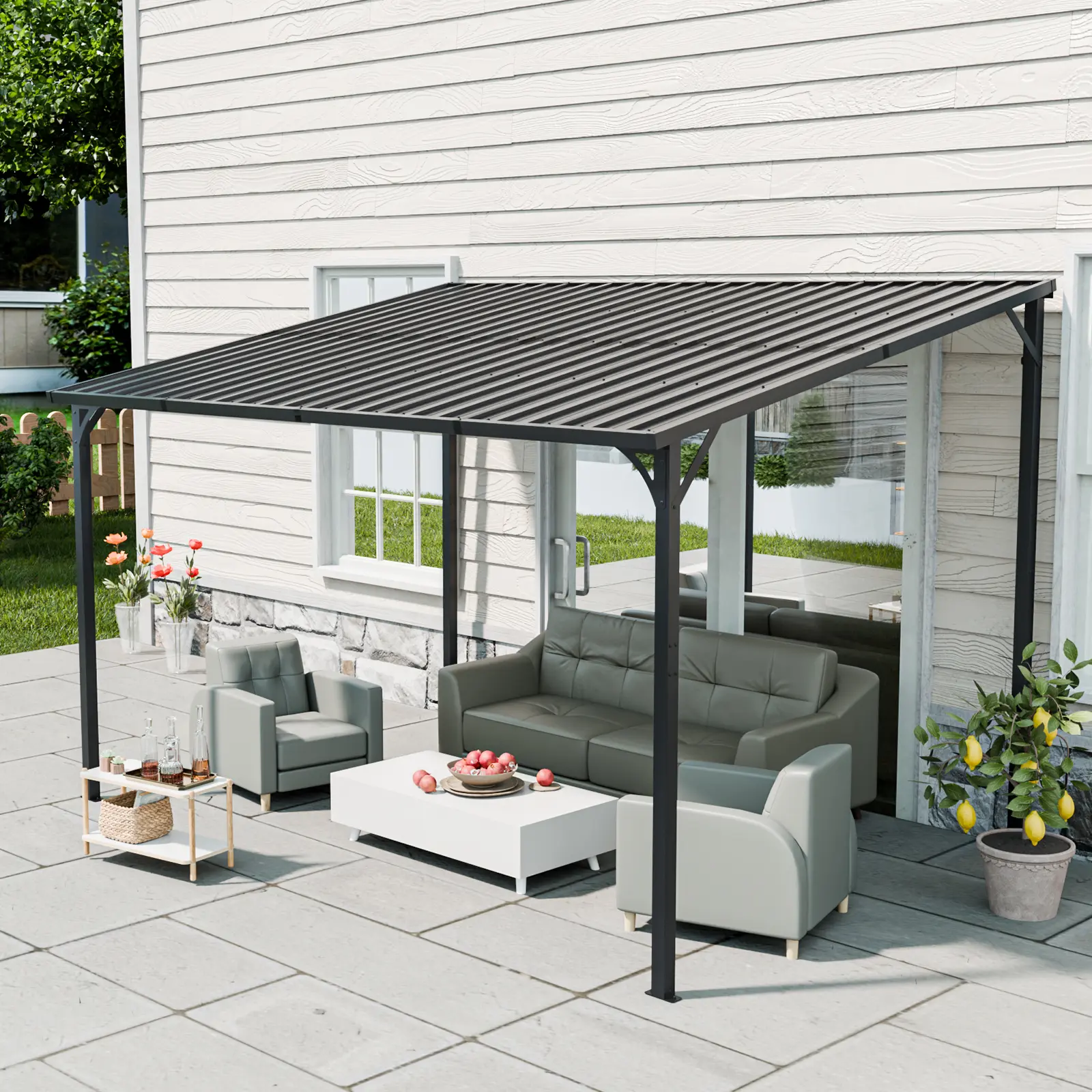 Metal Pergola with Sloped Roof, Waterproof Wall-Mounted Iron Sheet Gazebo Shed for Outdoor Patio, Garden & Yard