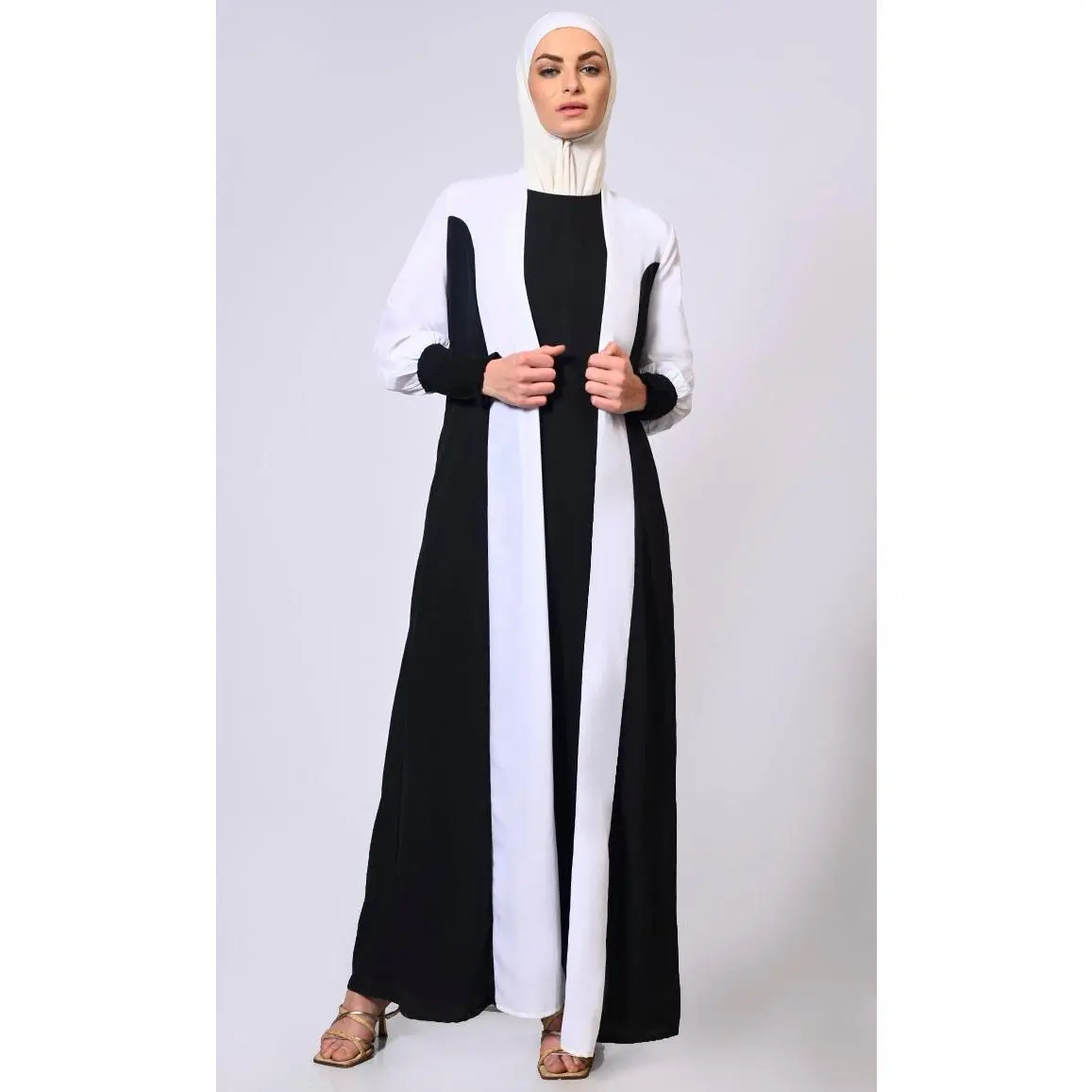 Black and White Front Open Abaya with Princess Cut