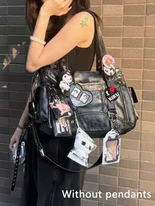 Dark glossy cool shoulder handbag, metal buckle personality small card holder pendant design, retro street style shoulder bag, fashionable  casual versatile niche design suitable for daily travel, shopping, etc. Casual Crossbody Bags