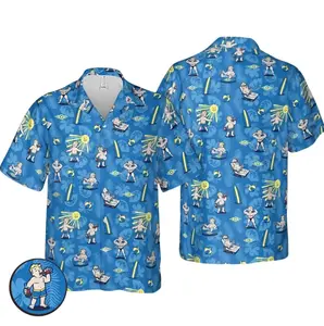 Fallout Hawaiian Shirt – Vault Boy Nuclear Summer Beach Aloha Shirt for Men Women, Blue Retro Gamer Button-Up, 80s Style Vacation Outfit, Tropical Surf Print Casual Top, Gift for Gamer and Fallout Fan Cotton Menswear