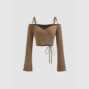 Cider [size 2-26] Knotted Lace Up Long Sleeve Crop Top